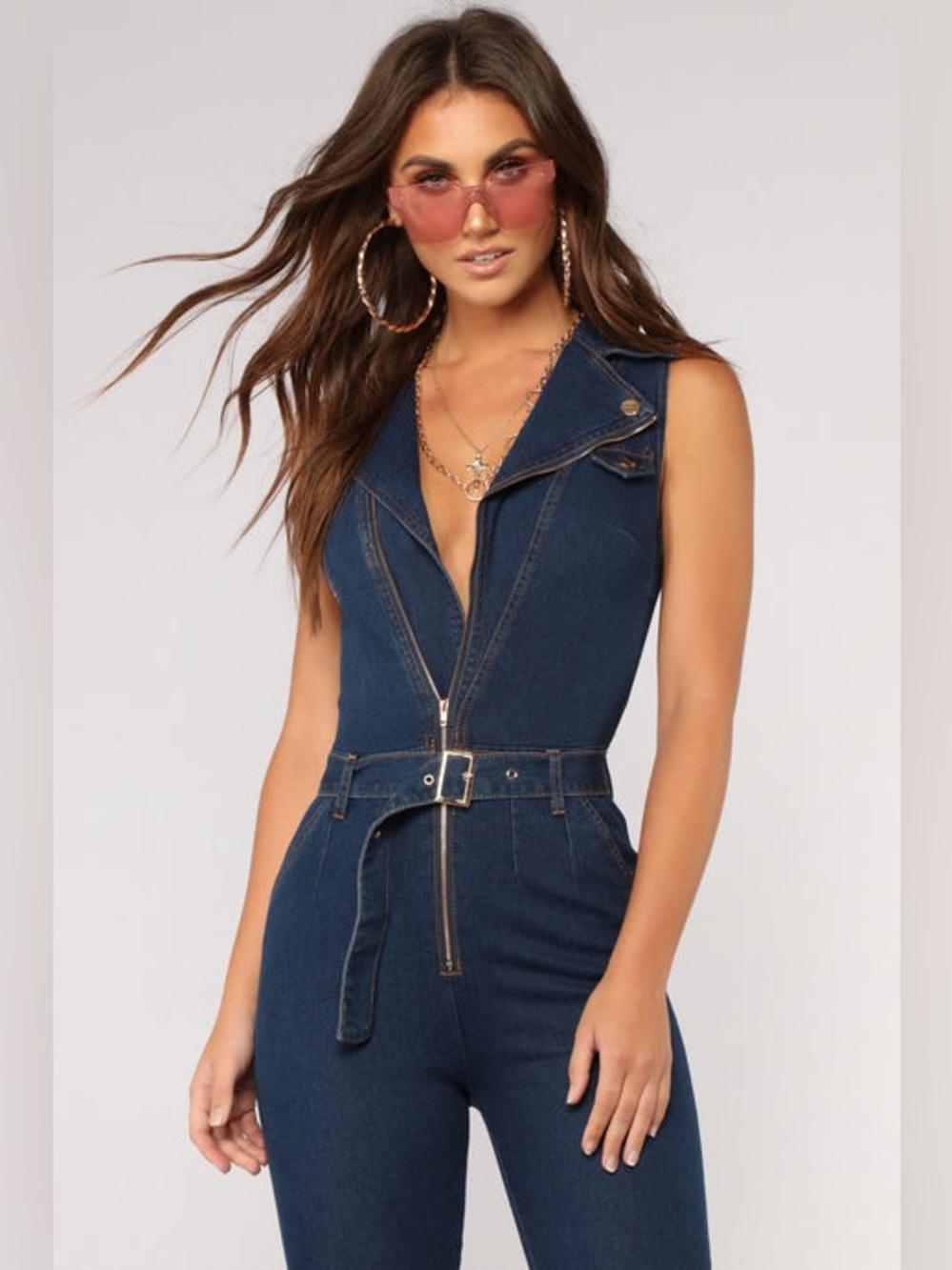 Fashion Nova Sleeveless Dark Blue Denim Zip Moto Jumpsuit with Belt Sz small